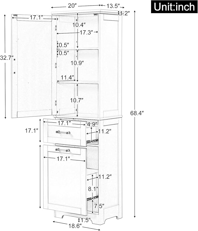 Tall Bathroom Storage Cabinet, Freestanding Storage Cabinet with 1 Door, 2 Different Size Drawers for Bathroom Living Room (White)
