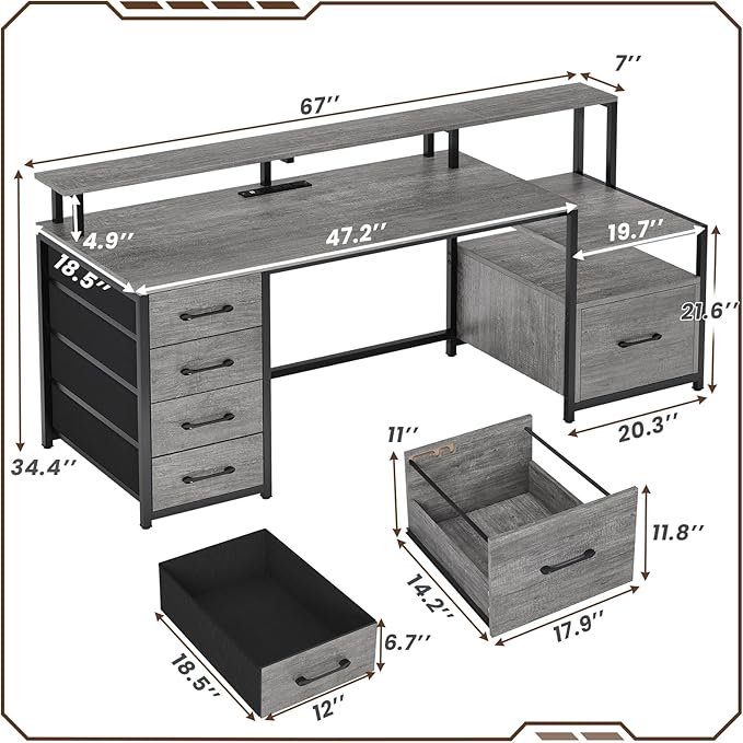 SEDETA Home Office Desk with File Drawer & Power Outlet, 66'' Computer Desk with 5 Drawer, Storage Shelves, Printer Cabinet and Monitor Shelf, Gaming Desk with Led Lights, Grey