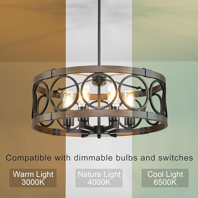 Semi Flush Mount Ceilnig Light,6-Light Farmhouse Chandelier Rustic,Modern Light Fixture Ceiling Mount Round Metal Vintage Chandelier Dining Room Light Fixtures for Kitchen