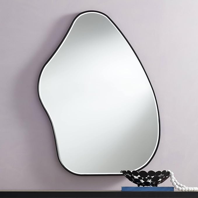 Possini Euro Design Cavandish Rounded Curved Abstract Vanity Decorative Wall Mirror Modern Beveled Glass Matte Black Wood Frame 28" Wide for Bathroom Bedroom Living Room Home Office Entryway House