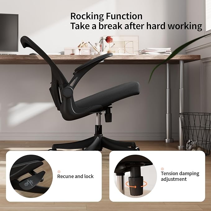 Monhey Ergonomic Office Chair with Lumbar Support, Adjustable Height, 2D Flip-up Arms, Breathable Black Mesh, Comfortable Desk Chair Chair for Home, Office, Study & Gaming