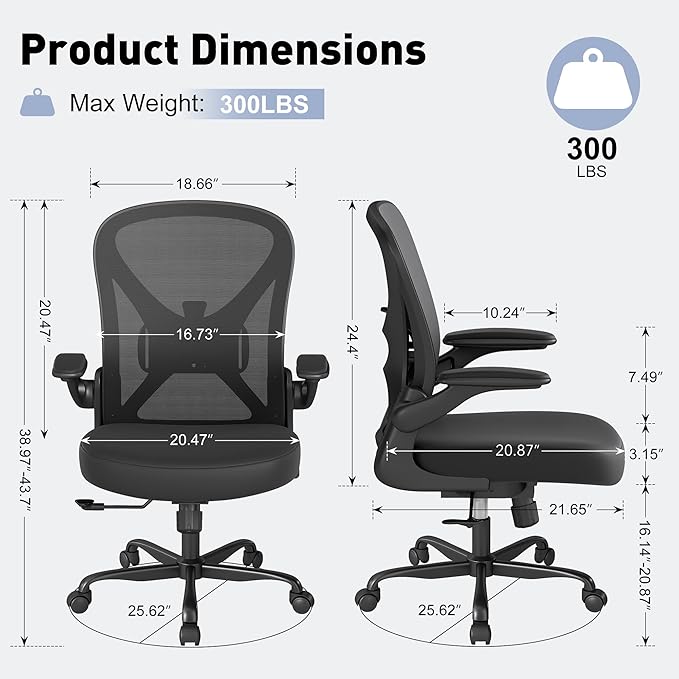 ZZH Ergonomic Office Chair with Adjustable Lumbar Support, Mesh Home Office Desk Chair with Wheels and Flip-up Arms, Black