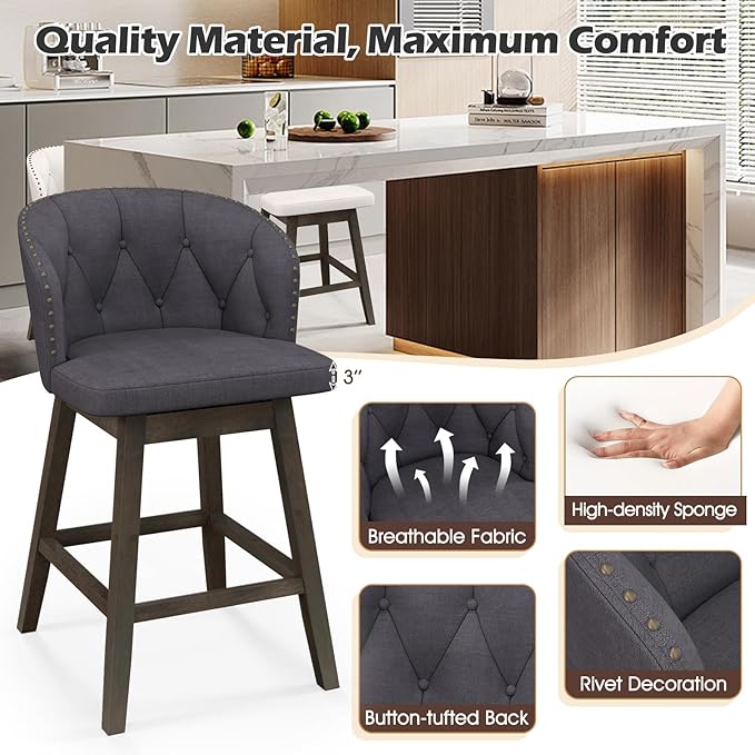 COSTWAY Counter Height Bar Stools Set of 4, Fabric Upholstered Island Stools with 360° Swivel Seat & Button-Tufted Back, Modern Pub Stools with Solid Rubber Wood Frame (Grey,4)