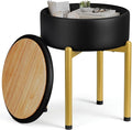 18-Inch Leather Vanity Stool Chair with Storage, Vanity Bench with 4 Golden Metal Legs & Anti-Slip Adjustable Feet,Round Storage Ottoman Stool with Removable Soft Padded Seat, Black