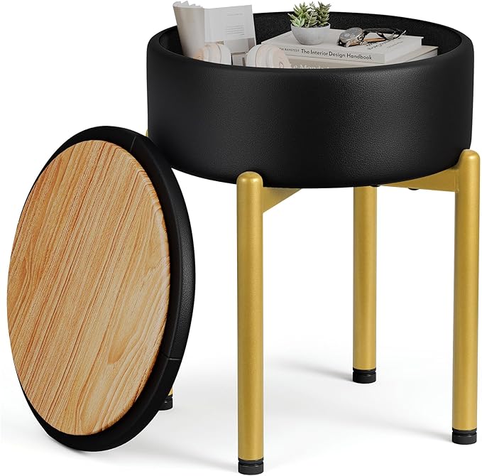 18-Inch Leather Vanity Stool Chair with Storage, Vanity Bench with 4 Golden Metal Legs & Anti-Slip Adjustable Feet,Round Storage Ottoman Stool with Removable Soft Padded Seat, Black