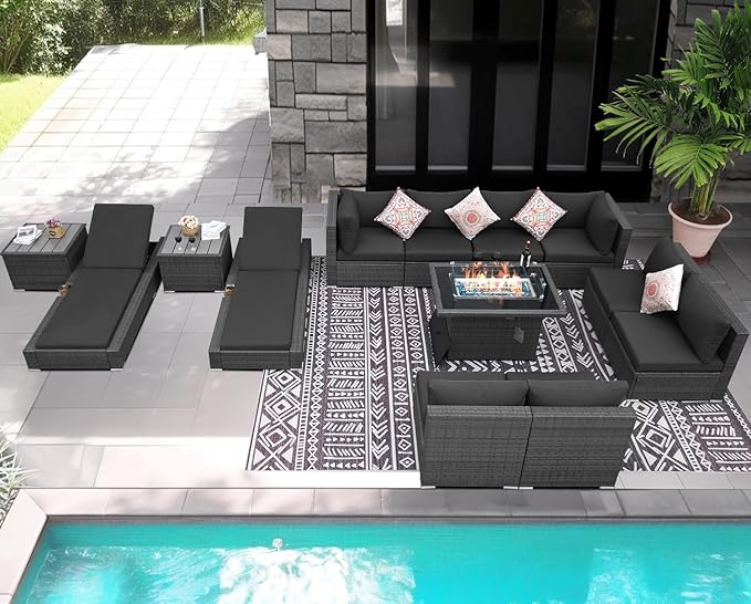 NICESOUL 13 Piece Patio Furniture Set with Fire Pit Table, Luxury Wicker Outdoor Sectional Sets with Loungers, Comfortable Highback Extra Large Size Wide Deep Seating Group Sofa for Outside, Dark Gray