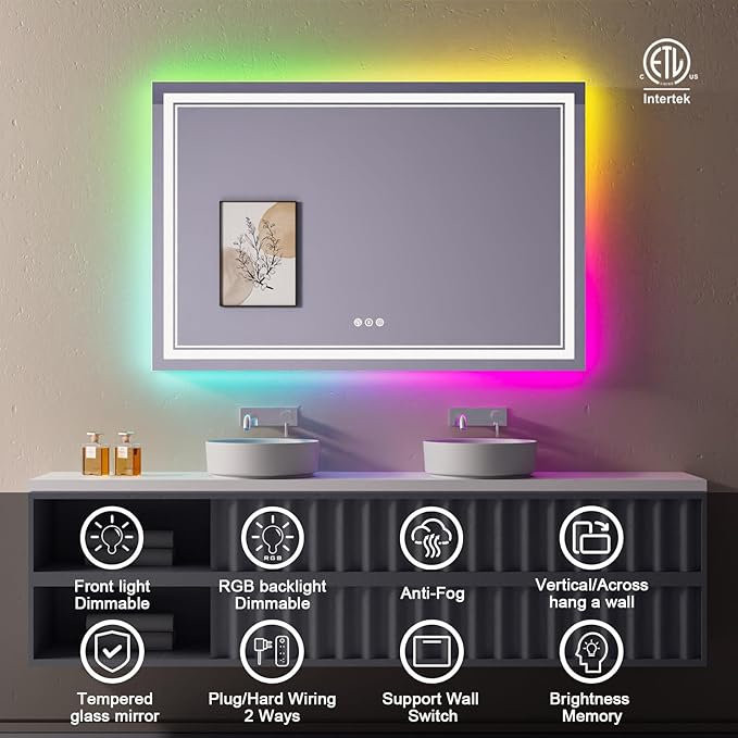 44x30 inch LED Bathroom Mirror with RGB Lights, Color Changing Backlit Mirror, Shatterproof, Dimmable Anti-Fog, Lighted Vanity Mirror (RGB Multicolor Backlit + Adjustable Front-Lighted)