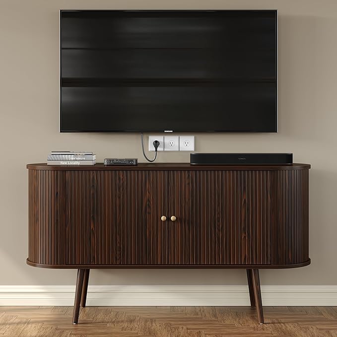 Furniouse 54.4''W Buffet Cabinet with Storage Fluted Sideboard Cabinet with Doors & 4 Shelf Storage for Living Room, Hallway, Kitchen, Mahogany