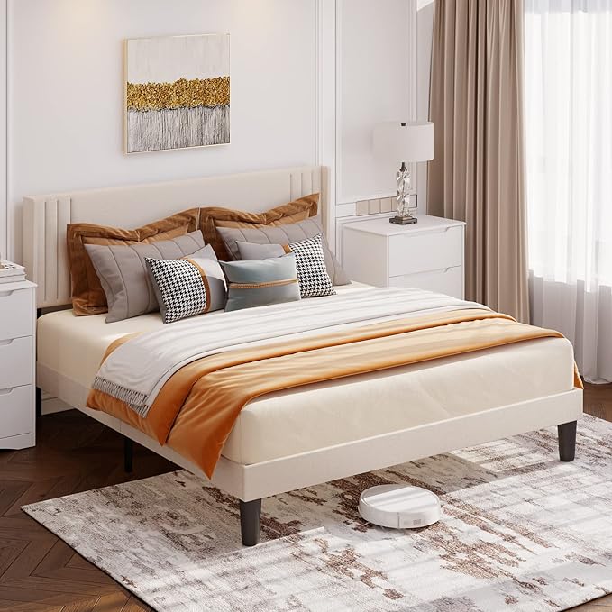 Gizoon Queen Bed Frame with Wingback Headboard, Upholstered Platform Bed, Wooden Slats, Noise-Free, No Box Spring Needed, Easy Assembly