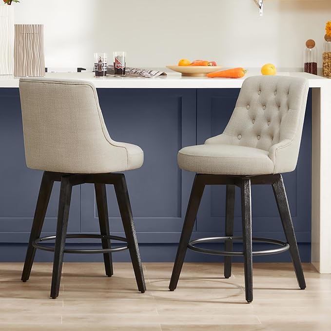 Watson & Whitely Counter Height Bar Stools Set of 3, Performance Fabric Upholstered Modern Swivel Barstool with Back, Solid Wood Legs, 26" H Seat, Tan