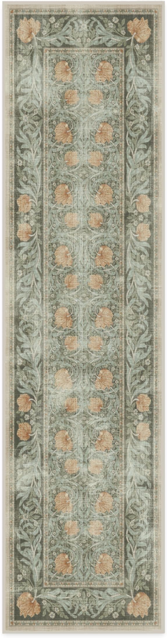 RUGGABLE x Morris & Co Machine Washable Runner Rug – Pimpernel Vintage Green 2.5x10, Stain-Resistant, Non-Slip – Washable Rug for Hallway, Entryway, Living Room & Kitchen–with Standard Pad
