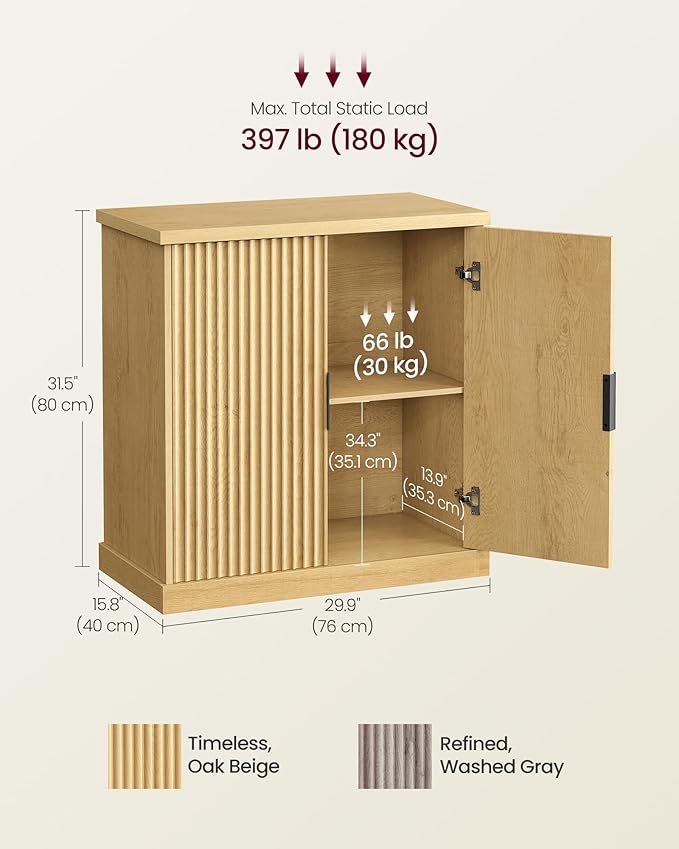 VASAGLE MAXE Collection - Buffet Cabinet, Fluted Console Cabinet, Sideboard with Adjustable Shelf, Mid Century Modern Buffet Table, 15.8 x 29.9 x 31.5 Inches, Oak Beige UBBK344Y01