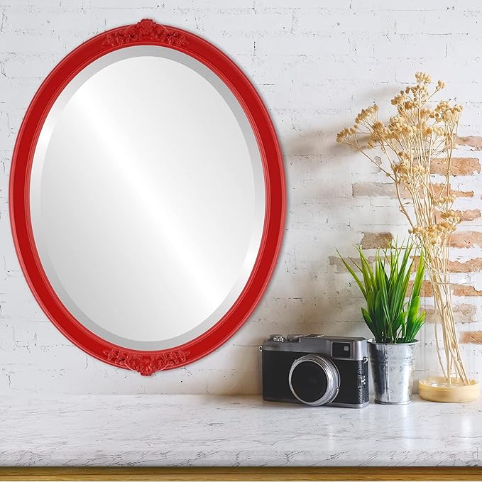 OVALCREST Oval Beveled Wall Mirror for Home Decor - Athena Style - Holiday Red - 21" x 17" Outside Dimensions