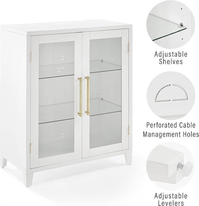 Crosley Furniture Roarke Stackable Glass Door Kitchen Pantry Storage Cabinet, Accent Cabinets for Entryway, White