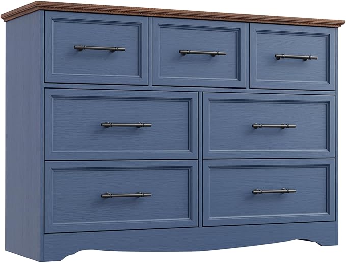 Blue Farmhouse Dresser for Bedroom, Modern 7 Chest of Drawers, 47" Wide Chest of Drawers w/Brushed Metal Handle, Wood Dresser TV Stand and Storage Cabinet for Bedroom, Living Room, Hallway