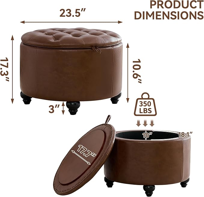 24Inch Round Storage Ottoman with Tray, Modern Tufted Leather Circle Coffee Table with Storage, Upholstered Ottoman with Removable Top for Living Room, Bedroom, Leather Coffee