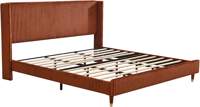PINJU King Size Bed Frame, Upholstered Platform Bed with Modern Vertical Striped Wingback Headboard with Wooden Slats, Easy to Assemble No Noise Free (OCHER, King (U.S. Standard))
