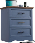 Blue Nightstand with Charging Station, 19.7" Farmhouse End Table with 3 Drawers Storage, Bedside Table with Brushed Metal Handles, Unique Base Design, 3 Drawer Dresser for Bedroom, Living Room