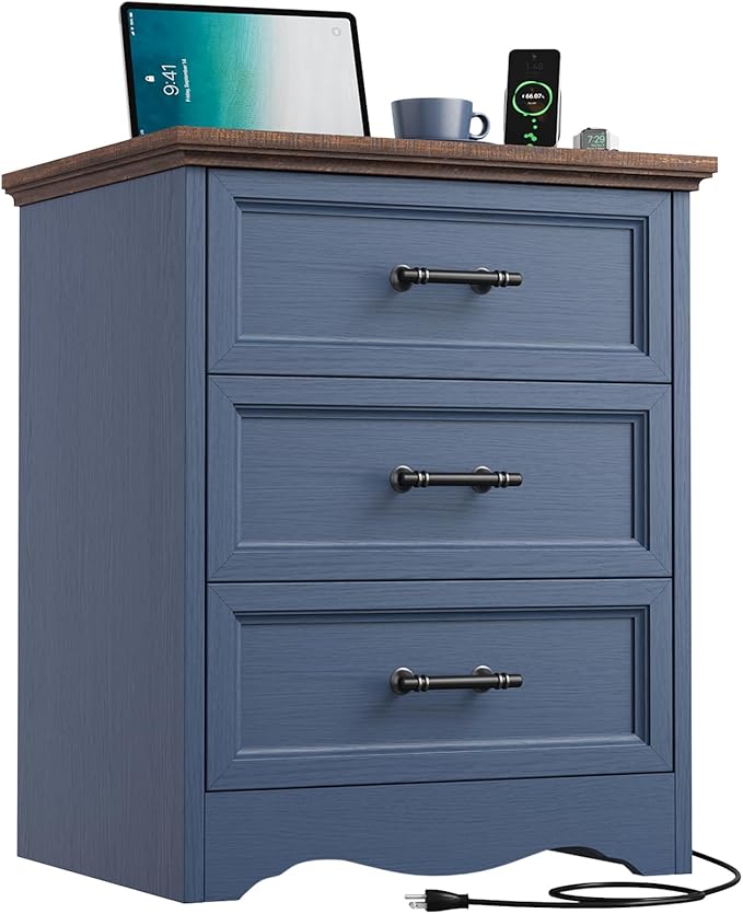 Blue Nightstand with Charging Station, 19.7" Farmhouse End Table with 3 Drawers Storage, Bedside Table with Brushed Metal Handles, Unique Base Design, 3 Drawer Dresser for Bedroom, Living Room