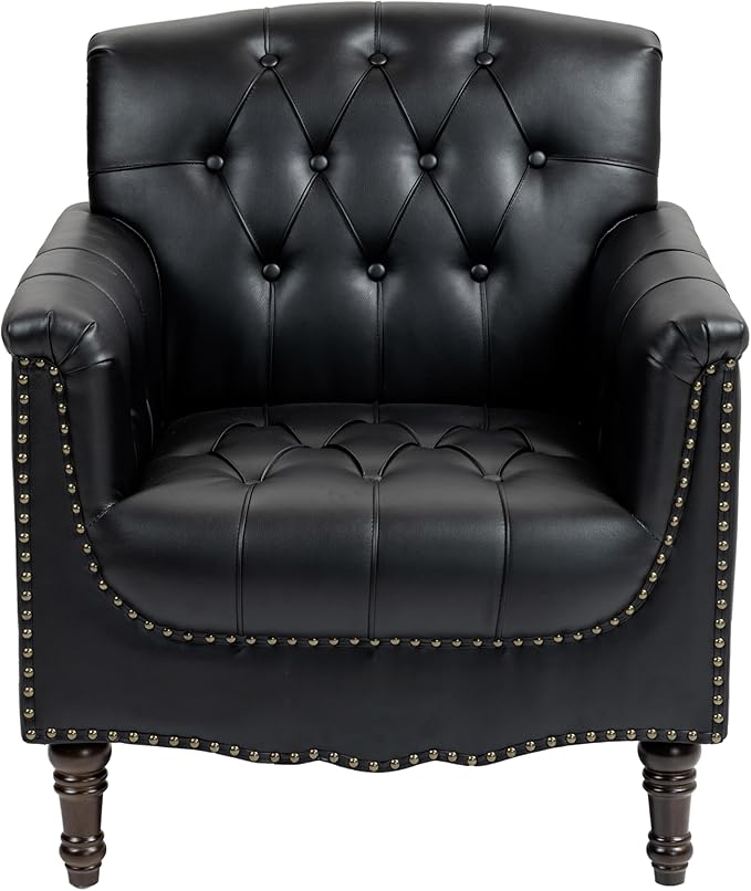UIXE Faux Leather Accent Chairs Set of 2, Comfy Club Chair Upholstered Armchair for Living Room, Button Tufted Arm Chair Retro Single Sofa Side Reding Seat for Bedroom - Black