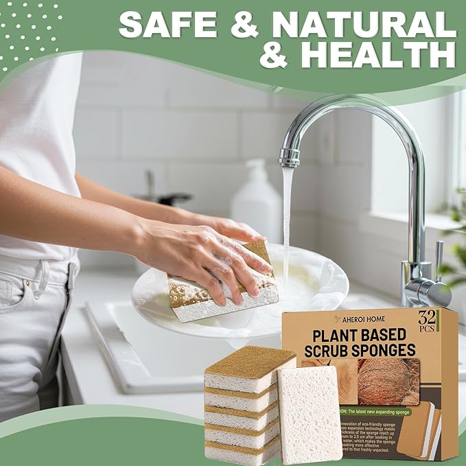 Aheroi Natural Dish Sponge, 32 Count Plant-Based Biodegradable Compostable Kitchen Sponges for Dishes Bulk, Organic Eco Friendly Cleaning Sponge for Bathroom, Household, Non Scratch Non Toxic