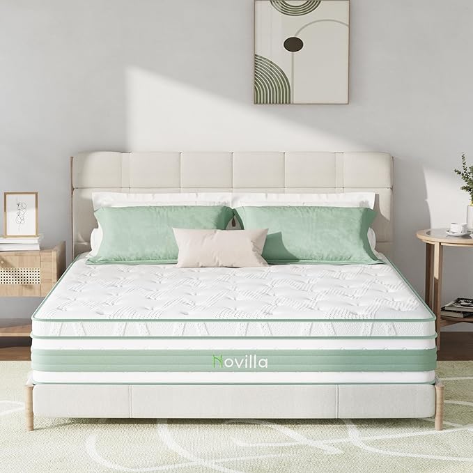 Novilla King Mattress, 12 Inch Hybrid Mattress in a Box, High Density Base Foam with Pocket Coils for a Cozy Sleep, Pain Relief, Medium Firm King Size Mattress, Pillow Top Mattress, Motion Isolation
