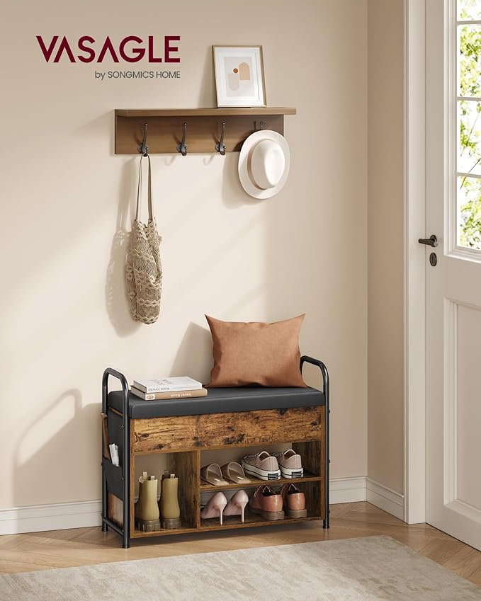 VASAGLE Shoe Bench, Shoe Rack, Entryway Furniture, Inner Storage Under The Lid, PU Pockets, Convenient Handles, for Entryway, Living Room, Bedroom, Rustic Brown and Ink Black ULSB052K01