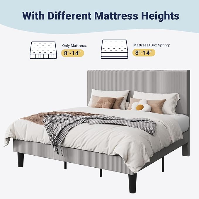 Allewie King Size Upholstered Bed Frame with Vertical Channel Tufted Headboard, Soft Corduroy Fabric Platform Bed, Strong Wooden Slats Support, Easy Assembly, No Box Spring Needed, Light Grey