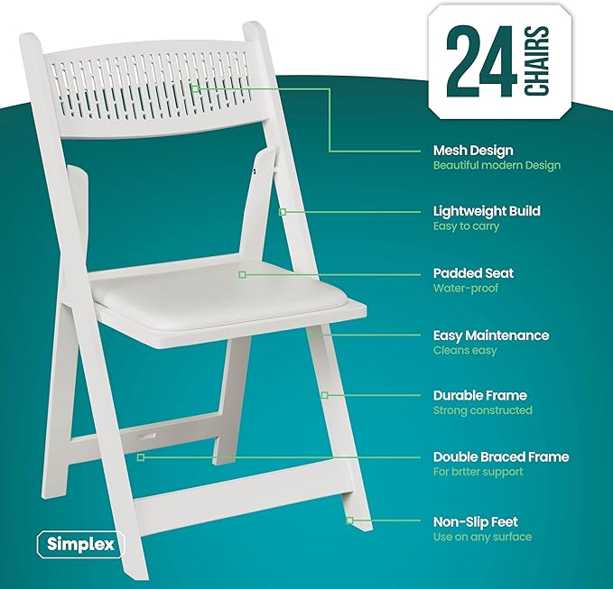 SIMPLEX White Stackable Folding Chairs with Padded Seat & Mesh Back, Padded Indoor/Outdoor Folding Chair, Lightweight Foldable Chairs, Weight Capacity 800LBs (24 Pack)