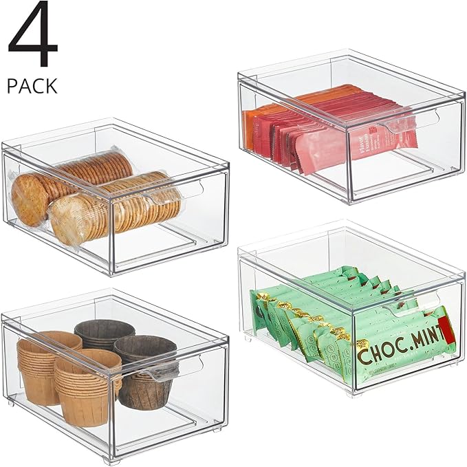 mDesign Stackable Storage Containers Box with Pull-Out Drawer - Stacking Plastic Drawers Bins for Kitchen Pantry and Cupboard, Cabinet, Counter, Island and Tables - Lumiere Collection - 4 Pack - Clear