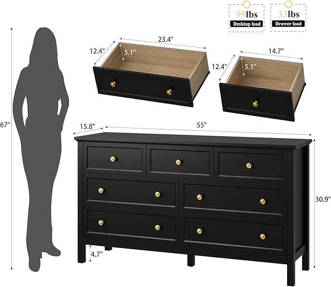 LYNSOM Black Dresser for Bedroom with 7 Drawers, Modern Wide Chest of Storage Drawer with Gold Handles, TV Stand Dresser, Wood Dressers for Bedroom, Living Room, Hallway, Entryway, 55’’