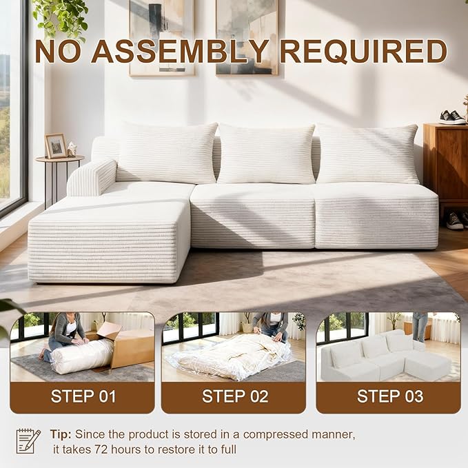 JSLOVE Modular L-Shape Sectional Sofa with Chaise, 3 Seat Movable Boneless Cloud Couch in One Box, Sofa Couch Bed with Ultra-Soft Corduroy Fabric, No Assembly Required for Living Room, Bedroom(Beige)
