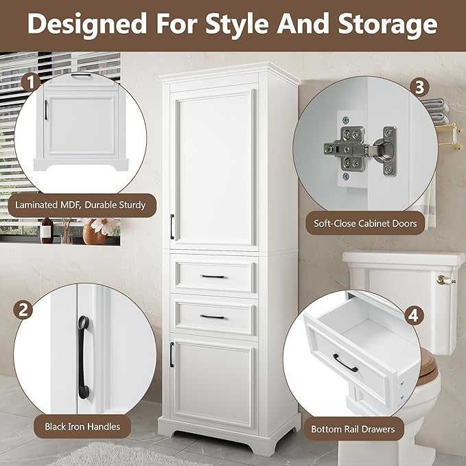 Tall Freestanding Storage Cabinet with 2 Doors & 2 Drawers, Multi-Purpose Organizer with Adjustable Shelf for Bathroom, Office, Living Room, White