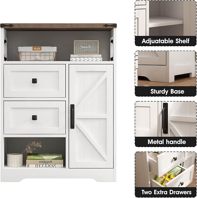Fameill White Farmhouse Storage Cabinet with 2 Drawers & Shelves,Freestanding Kitchen Cabinet with Doors,Floor Storage Organization for Living Room,Bathroom,Laundry