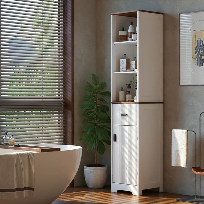 Tall Modern Bathroom Cabinet, 68.5" H Storage Cabinet with Fluted Wave Door, Drawer, Adjustable Shelves, Narrow Cabinet for Kitchen, Living Room, Entryway, White