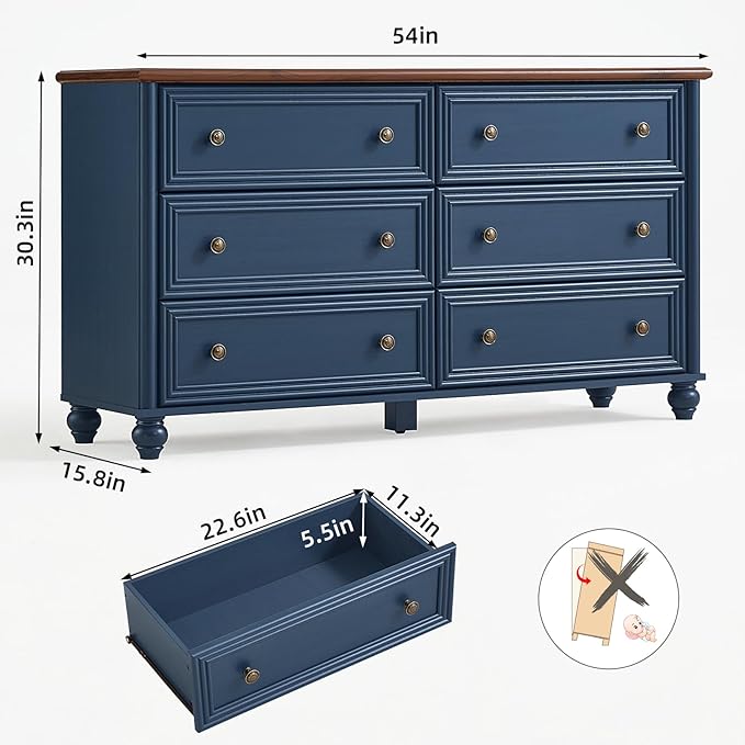 6 Drawers Dresser for Bedroom, Farmhouse 54" Wide Wood Dressers Chest of Drawers, Vintage Design TV Stand, Rustic Storage Dresser Organizer with Metal Handle Closet for Living Room, Hallway