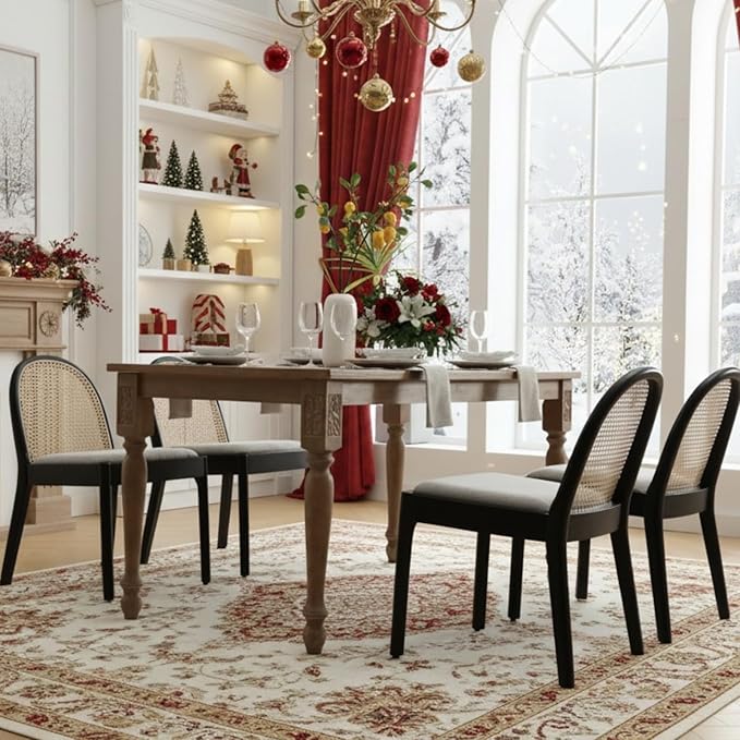 Rattan Dining Chairs Set of 2, Modern Dining Room Chairs with Cane Back Comfy Accent Kitchen Chair Upholstered Linen Fabric Chair for Restaurant/Living Room, Grey