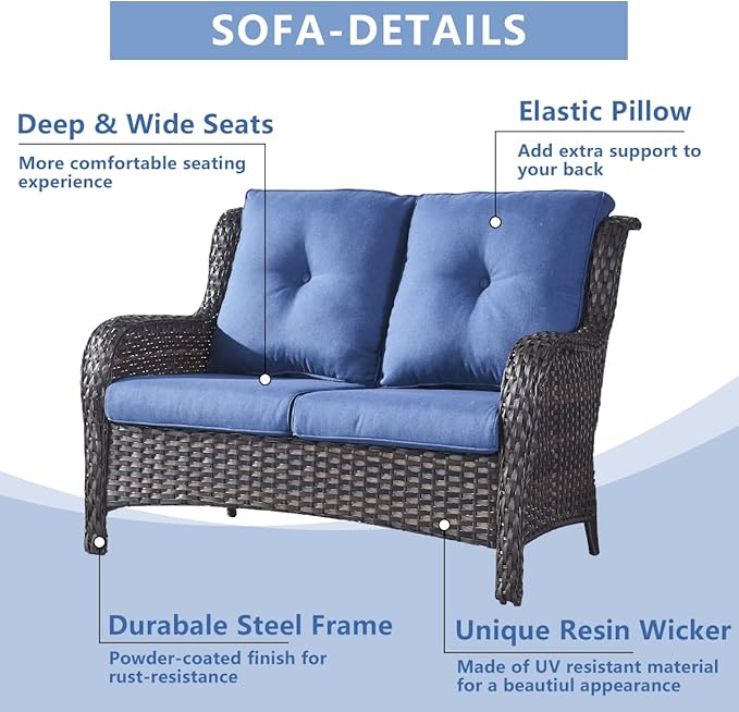 HUMMUH 6 Pieces Outdoor Patio Furniture Set Wicker Swivel Patio Chairs with Ottomans 2 Seater Outdoor Sectional Sofa/Patio Loveseat with Coffee Table