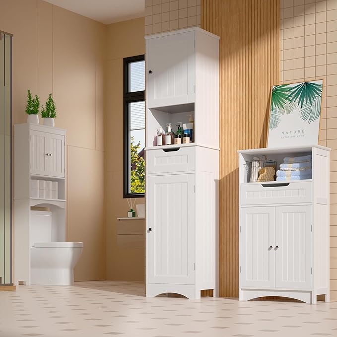 Gizoon 67" H Tall Bathroom Cabinet, Storage Cabinet with 2 Doors & Drawer, Narrow Bathroom Storage Cabinet Freestanding Adjustable Shelves for Home, Kitchen, Versatile, Anti-Tipping, White
