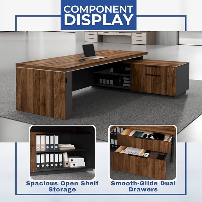 OfficeSimpli Modern L Shaped Executive Desk, 84x72x30 Inch - Made in USA – Ships Mostly Assembled – Home Office Workstation & Business Furniture, CEO Desk Table with Cabinets & Lockable Drawers