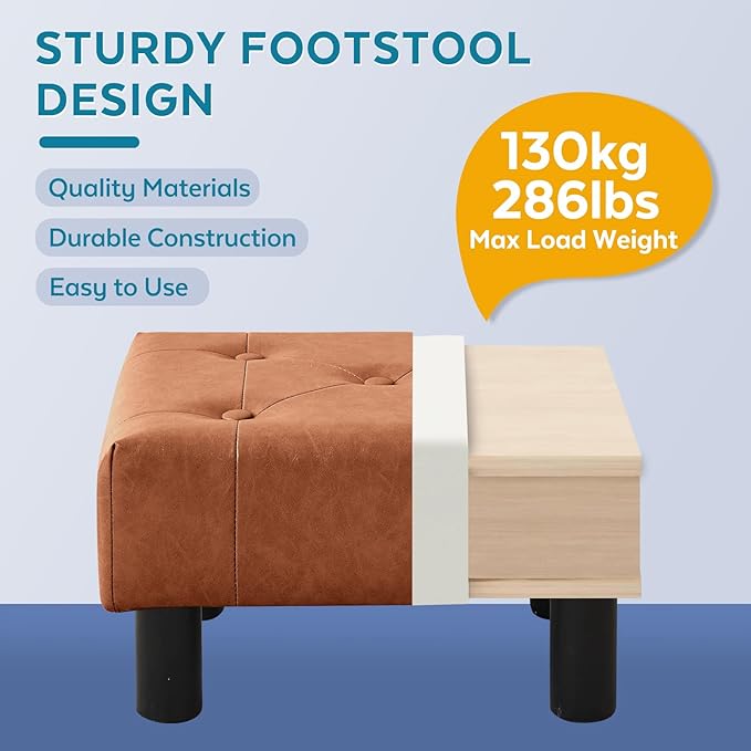 Small Foot Stool Ottoman, Faux Leather Footstool Ottoman Foot Rest for Couch, Rectangle Footstools and Ottomans Small for Living Room, Entryway and Bedroom (Bright Brown)