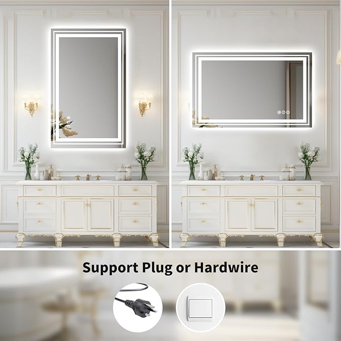 WTTY 40"x28" LED Bathroom Mirror with Lights, Backlit and Front Lighted Bathroom Vanity Mirrors for Wall, Anti-Fog, Dimmable Wall Mirrors for Bathroom, Memory, Tempered Glass, Double LED Vanity Mirror