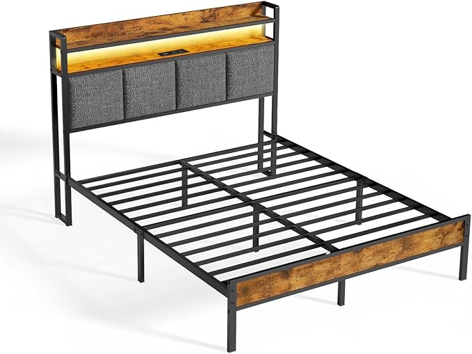 Z-hom Full Bed Frames, Full Bed Frame with 2-Tier Storage Upholstered Headboard, Metal Platform with USB Charging Station & LED Lights, Noise Free, No Box Spring Needed, Easy Assembly, Vintage Brown
