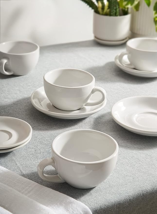 LE TAUCI 8 oz Cappuccino Cups with Saucers, Heavyweight Ceramic Large Coffee Cup for Au Lait, Double shot, Latte, Cafe Mocha, Tea - Dishwasher Safe, Set of 4, White