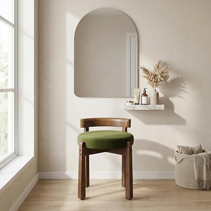 HNY Vintage Green Velvet Makeup Ottoman Set of 2 Compact Round Vanity Chairs with Wooden Legs, Perfect for Small Spaces Like Entryway, Cloakroom & Boudoir