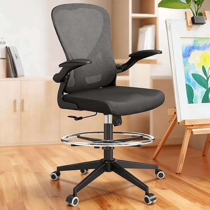 Drafting Chair, Ergonomic Tall Office Chairs for Standing Desk, Home Office Desk Chair with Lumbar Support and Adjustable Flip-up Armrests & footrest (06H-Black)