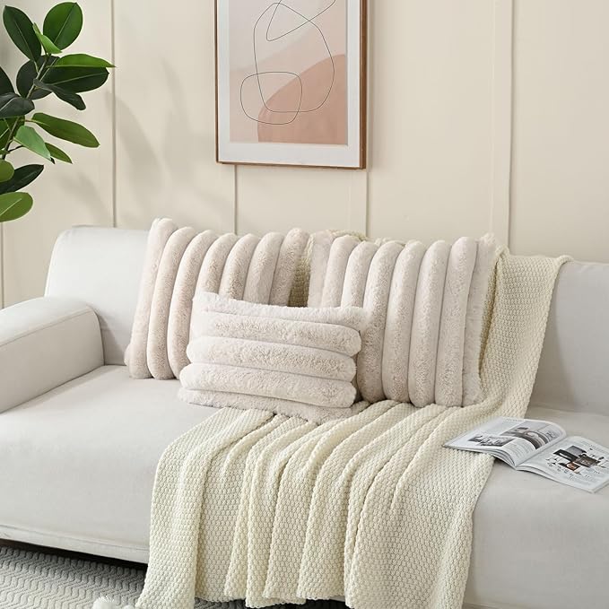 FUTEI Beige Decorative Throw Pillow Covers 16x16 Inch Set of 2, Square Soft Faux Rabbit Fur Thick Striped Cushion Cover,Winter Home Decor for Couch Bed Living Room