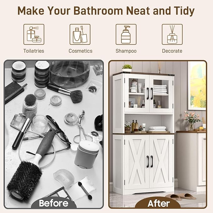 Bathroom Storage Cabinet with Adjustable Shelves, Farmhouse Kitchen Pantry, Rustic Style Cabinet