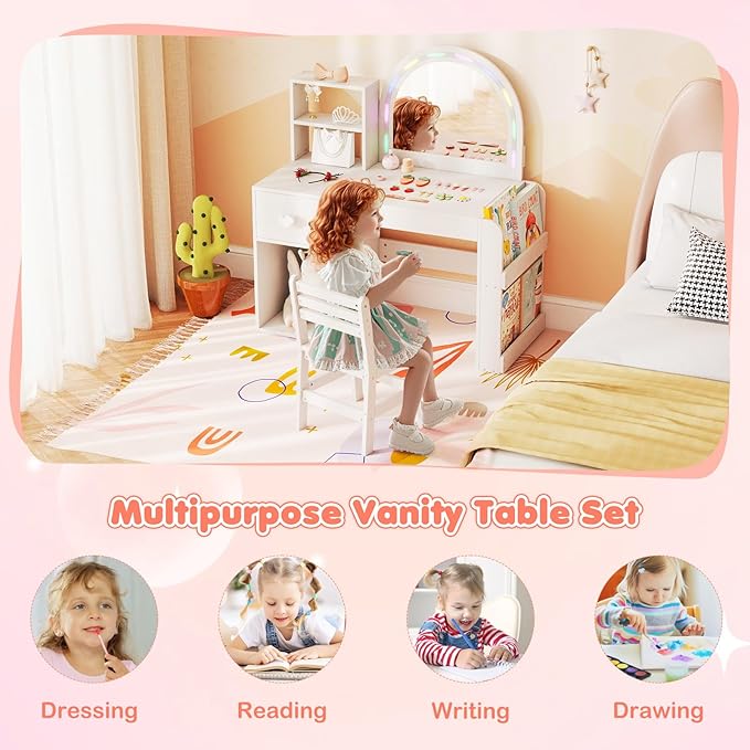 Costzon Kids Vanity, Girls Vanity Set with Lighted Mirror, Bookshelf, Drawer, Storage Cabinet & Shelves, Toddler Makeup Vanity Desk Dressing Table, Wooden Kids Vanity Table and Chair Set (White)