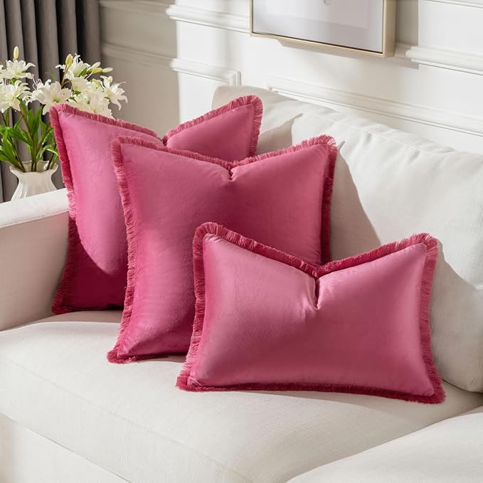 FUTEI Hot Pink Velvet Decorative Throw Pillow Covers 12x20 Set of 2,Soft Cozy Edge with Tassels Lumbar Pillow Cases,Boho Modern Home Decor for Couch Bed Living Room